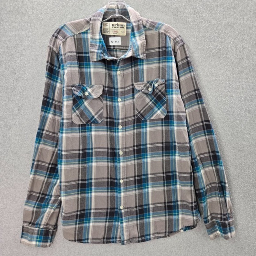 Urban Pipeline Men Button Up Shirt Large Gray Plaid Madras Flannel Pocket Collar